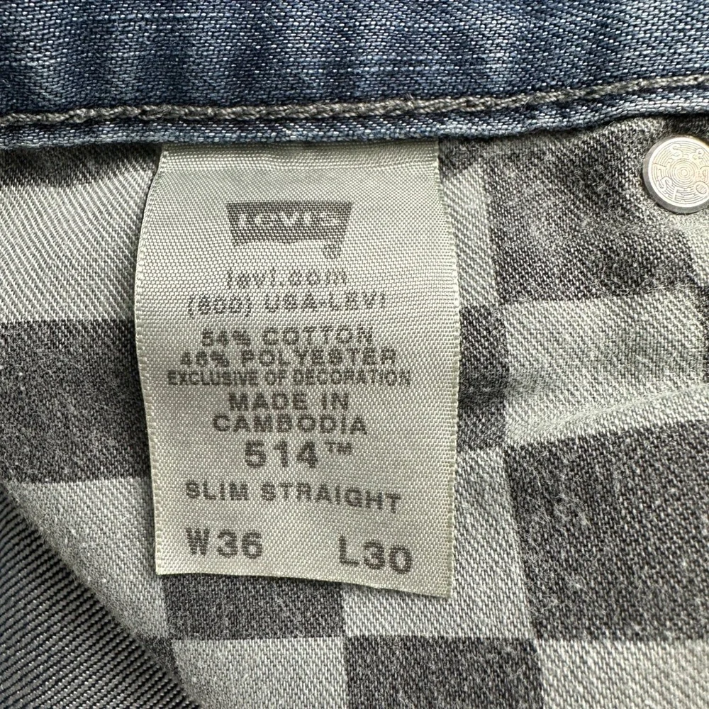 Levi's 514 Jeans Mens W36 L30 Blue Slim Straight Denim Pant Whisker Flap Pockets